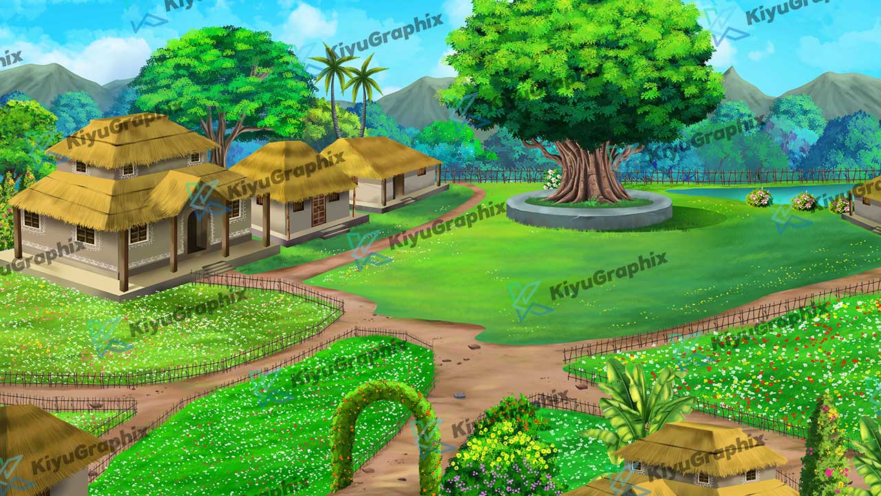 Ashram Birdseye View Cartoon Background (PSD File) - KiyuGraphix