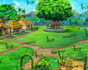 Ashram Birdseye View Cartoon Background (PSD File)