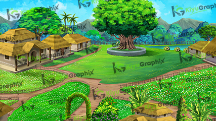Ashram Birdseye View Cartoon Background (PSD File)