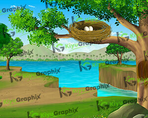 Nadi Ke Pass Ped Bird Cartoon Background (PSD File)