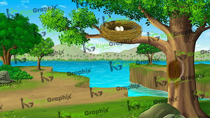 Nadi Ke Pass Ped Bird Cartoon Background (PSD File)